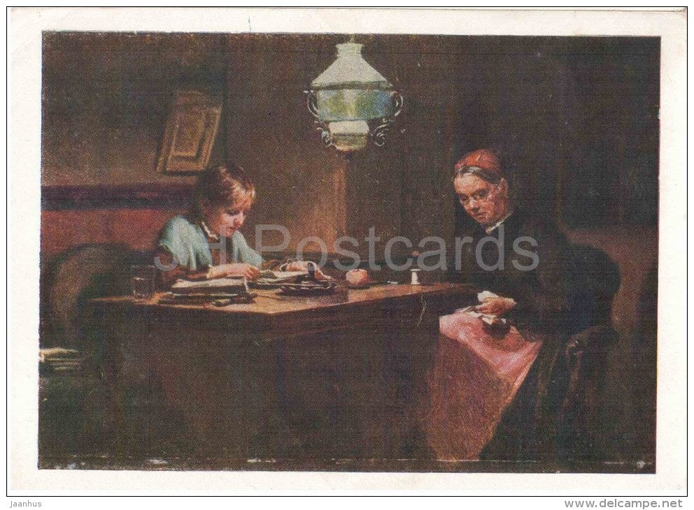 painting by K. Lemokh - Grandmother and Granddaughter , 1884 - russian art - unused - JH Postcards