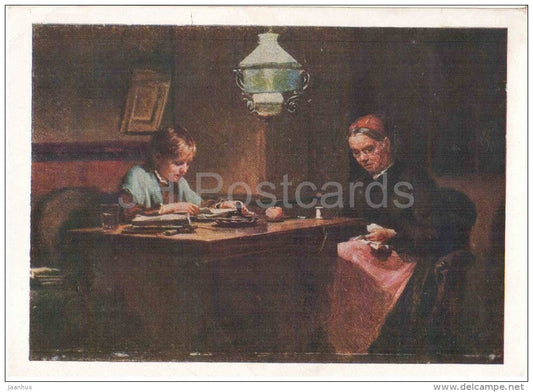 painting by K. Lemokh - Grandmother and Granddaughter , 1884 - russian art - unused - JH Postcards