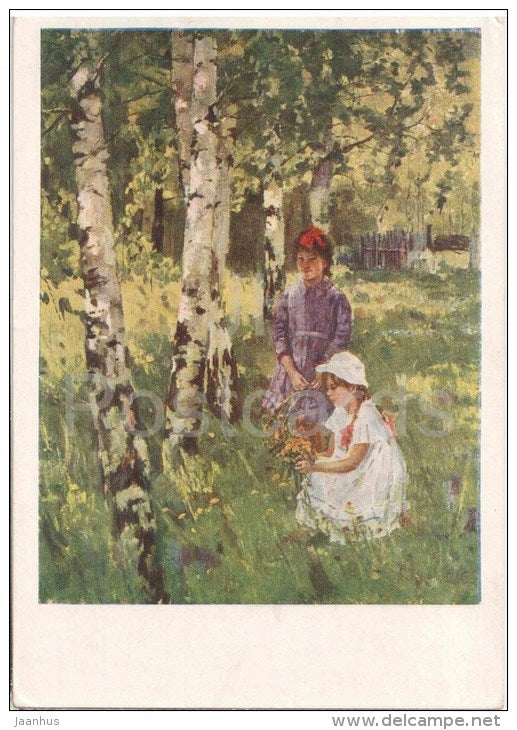 painting by I. Savenko - Country House - girls - russian art - unused - JH Postcards