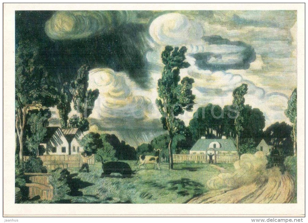 painting by N. Krymov - Windy Day , 1908 - cow - village - russian art - used - JH Postcards