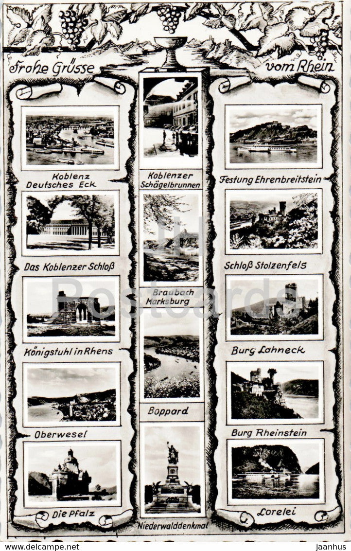 Frohe Grusse vom Rhein - Koblenz - Festung Ehrenbreitstein - Schloss Stolzenfels - old postcard - Germany - unused - JH Postcards