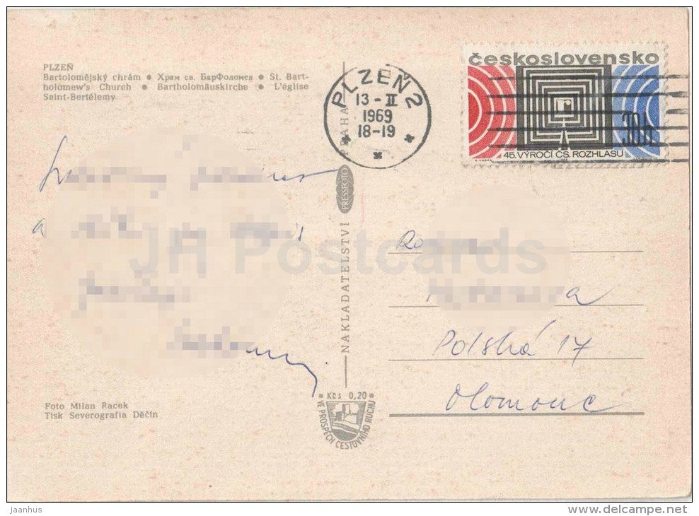 Plzen - St. Bartholomew´s Church - Czechoslovakia - Czech - used 1969 - JH Postcards