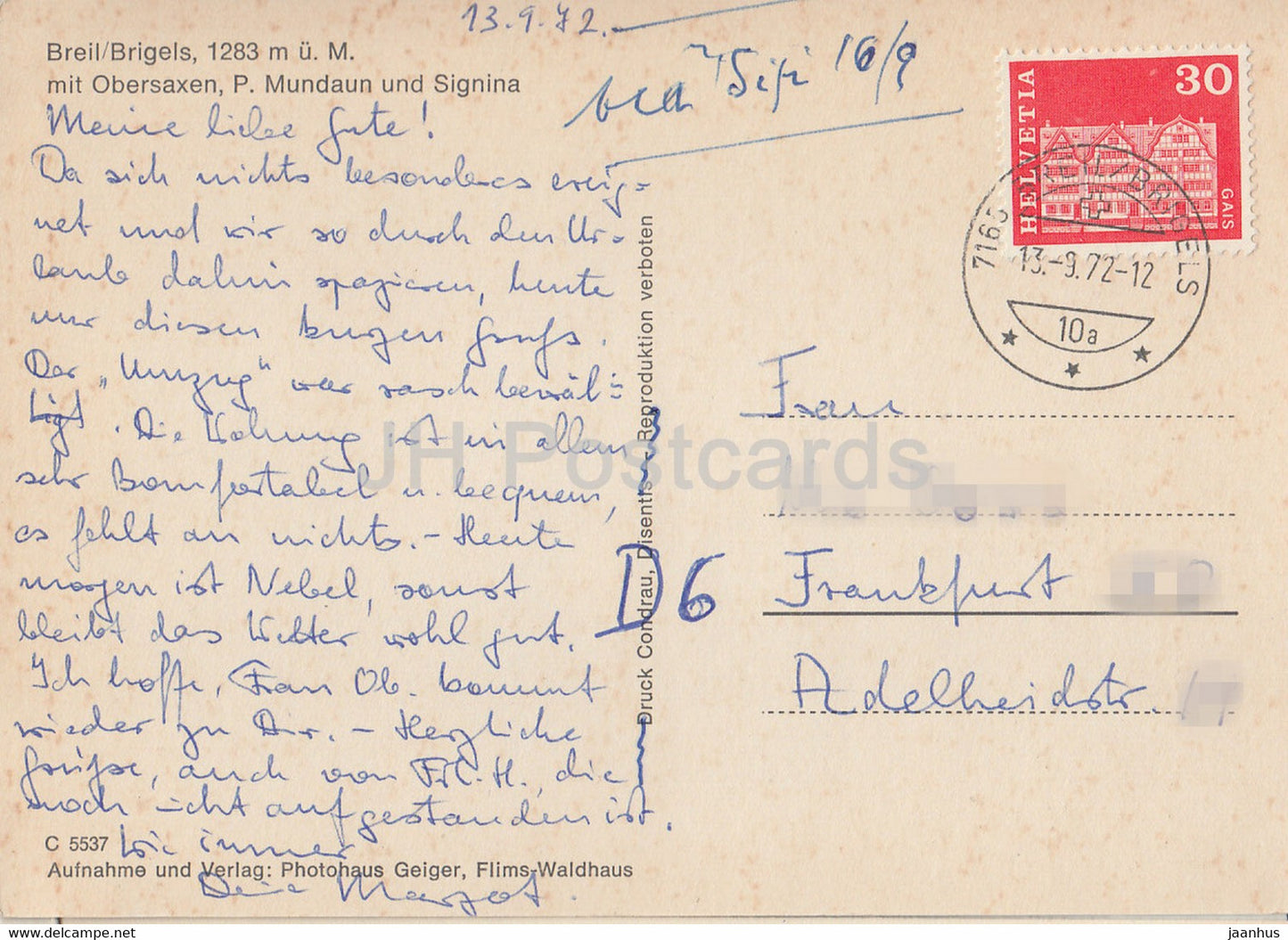 Breil Brigels 1283 m - mit Obersaxen - P. Mundaun und Signina - 1972 - Suisse - occasion