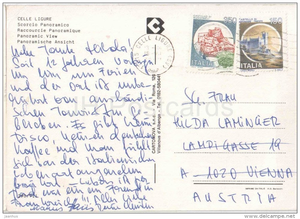 scorcio panoramico - beach - Celle Ligure - Savona - Liguria - Italia - Italy - sent from Italy to Austria 1987 - JH Postcards