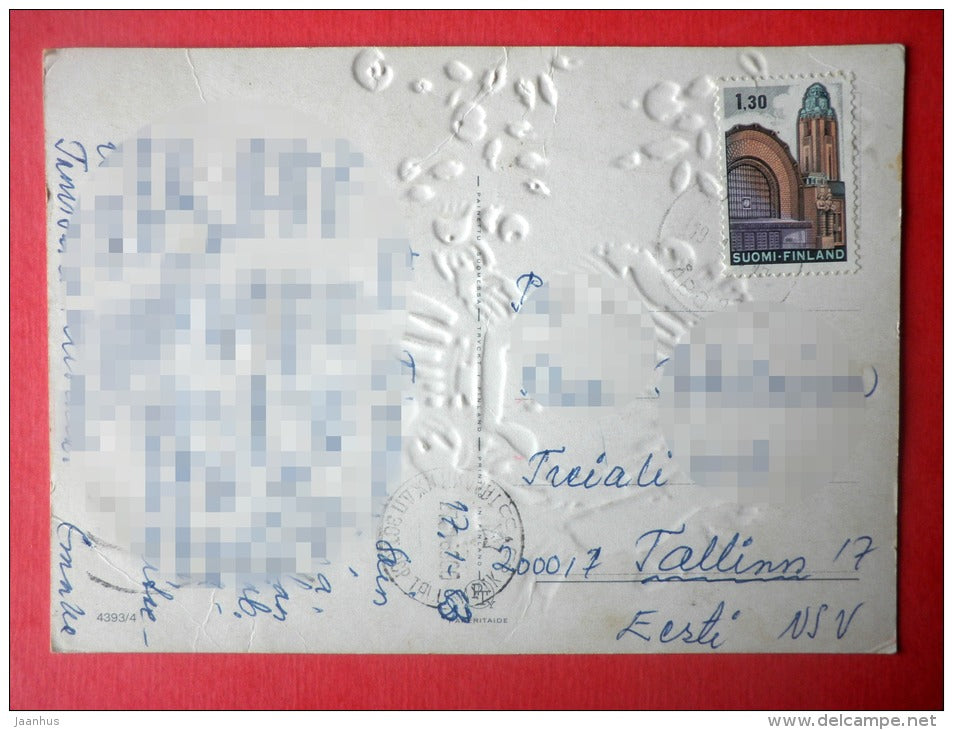 illustration - girl- chick - embossed - 4393/4 - Finland - sent from Finland to Estonia USSR 1983 - JH Postcards