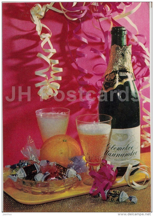 New Year Greeting Card - champagne - candies - orange - 1970 - Estonia USSR - used - JH Postcards