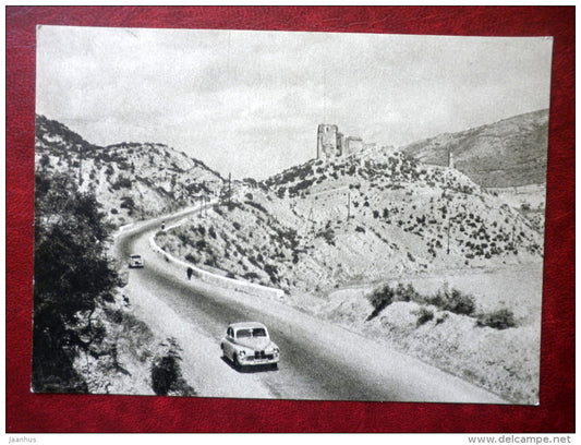 old tower - car Pobeda - Georgian Military Road - 1955 - Georgia USSR - unused - JH Postcards