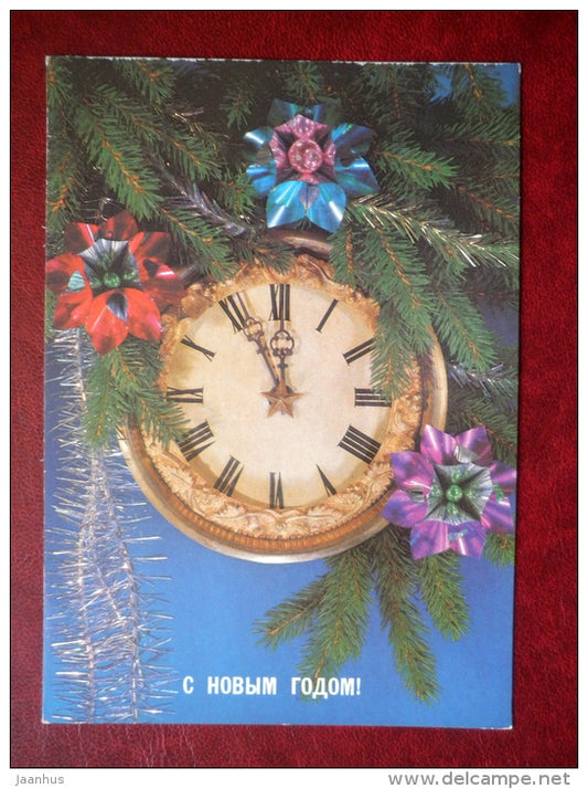 New Year greeting card - decorations - clock - 1988 - Russia USSR - unused - JH Postcards