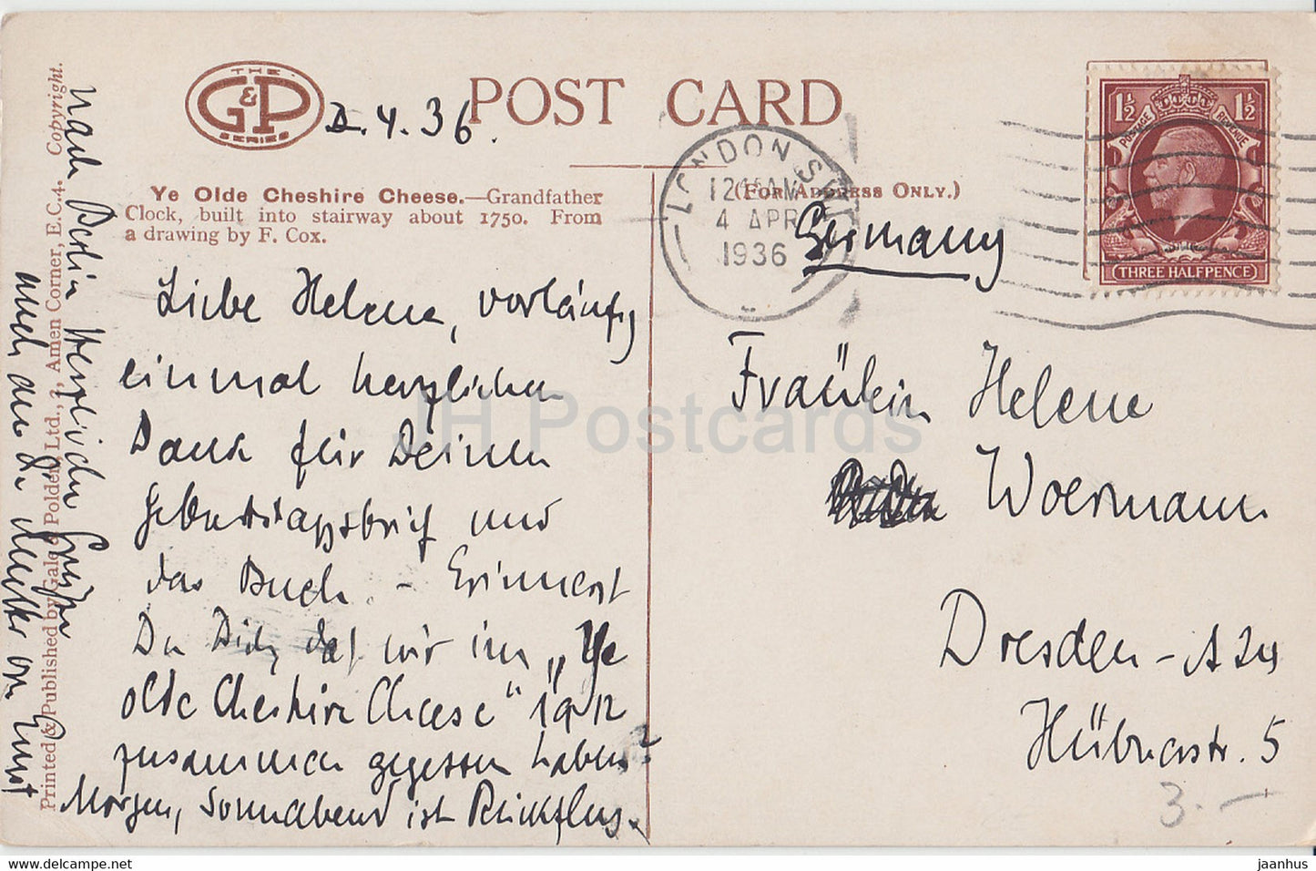 Ye Olde Cheshire Cheese - Grandfather Clock - dessin de F. Cox - carte postale ancienne - Angleterre - 1936 - Royaume-Uni - utilisé