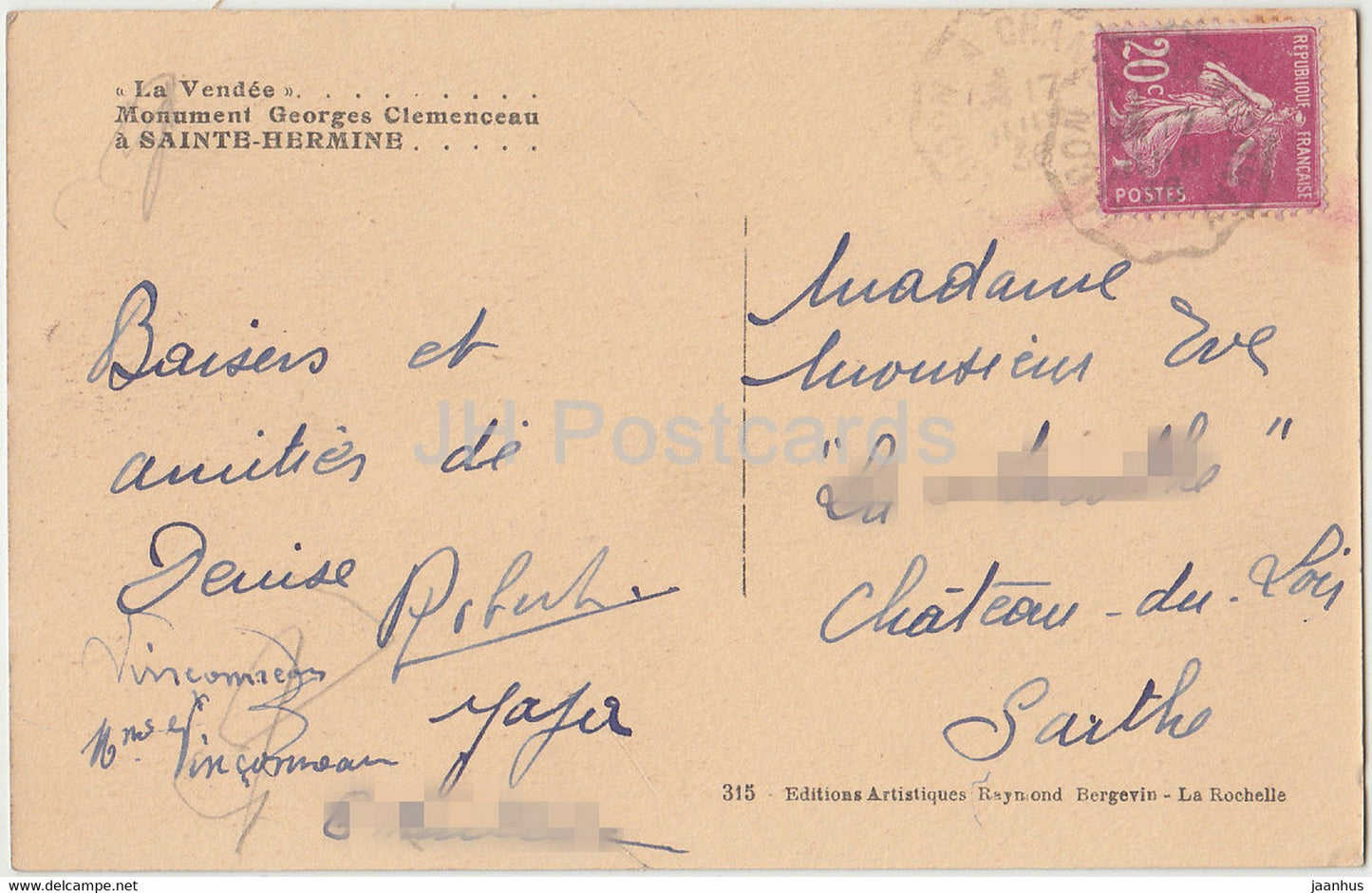 Sainte Hermine - Denkmal Georges Clemenceau - alte Postkarte - 1936 - Frankreich - gebraucht