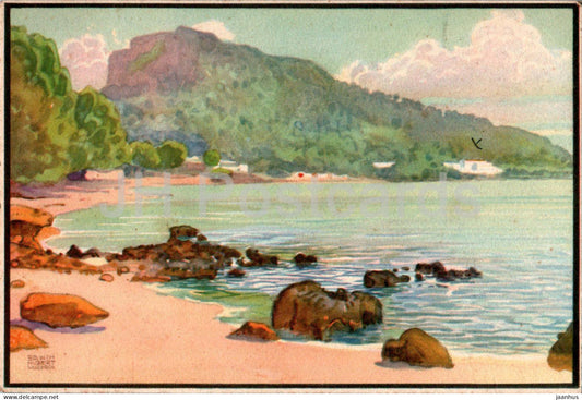 Playa de Formentor con el Hotel - painting by Erwin Hubert - old postcard - 5 - Spain - used - JH Postcards
