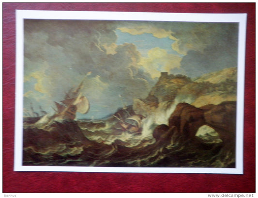 painting by Pietro Tempesta , Rough Sea with Sailing Boats , ca 1700 - italian art - unused - JH Postcards