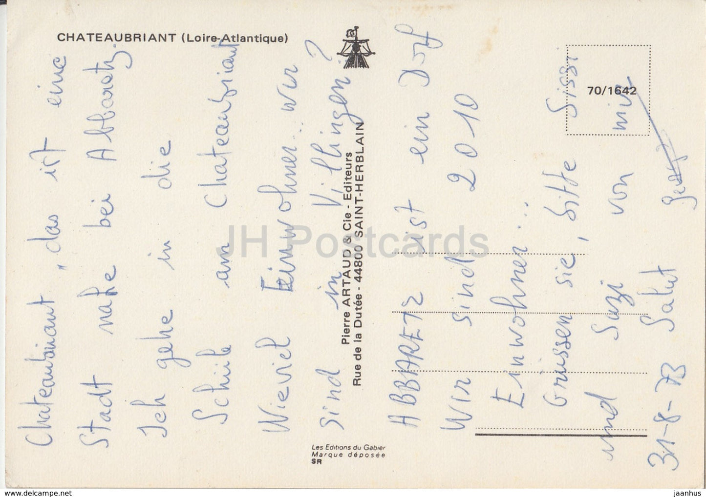 Chateaubriant - Loire Atlantique - Schloss - Garten - Eglise St. Nicholas - La Sabliere Multiview - Frankreich - 1973 - gebraucht