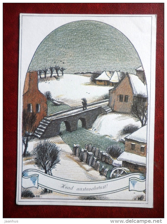 New Year greeting card - by O. Kormashov -town view - bridge - 1991 - Estonia USSR - used - JH Postcards
