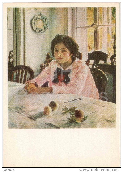 painting by V. Serov - Girl with Peaches . Portrait of Vera Mamontova , 1887 - russian art - unused - JH Postcards