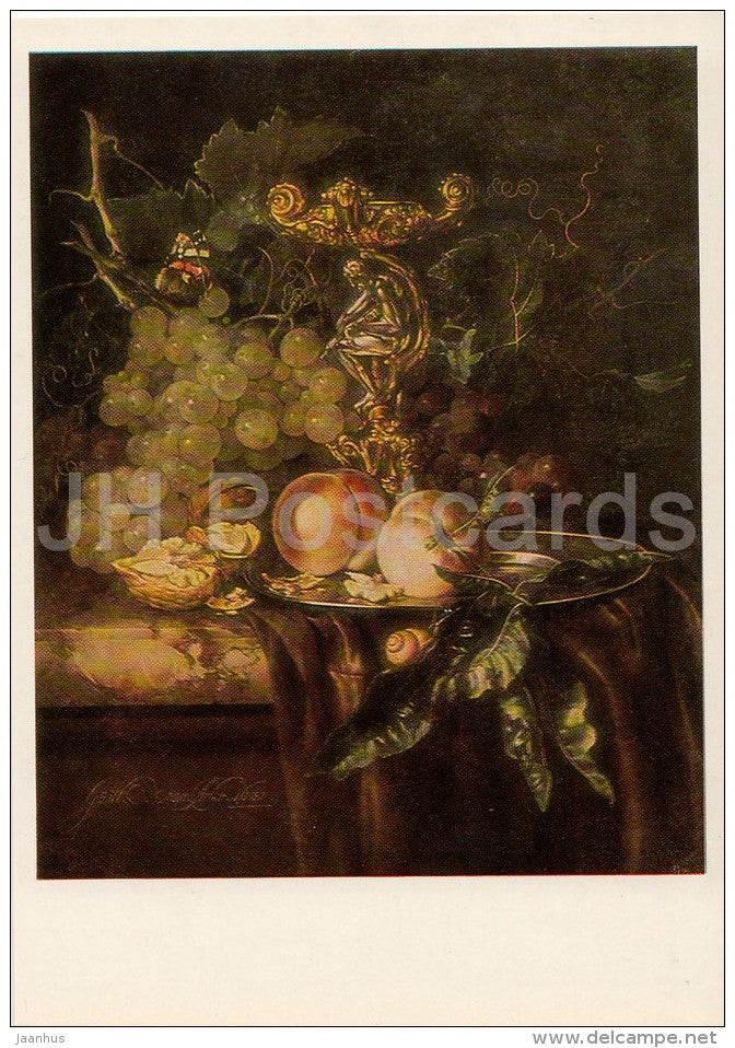 painting by Willem van Aelst - Still Life with Fruit , 1681 - grape - peach - Dutch art - Russia USSR - 1986 - unused - JH Postcards