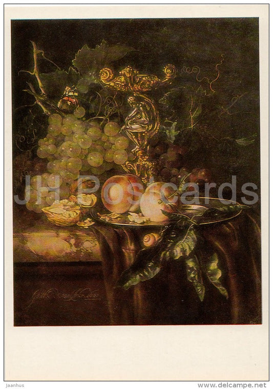 painting by Willem van Aelst - Still Life with Fruit , 1681 - grape - peach - Dutch art - Russia USSR - 1986 - unused - JH Postcards