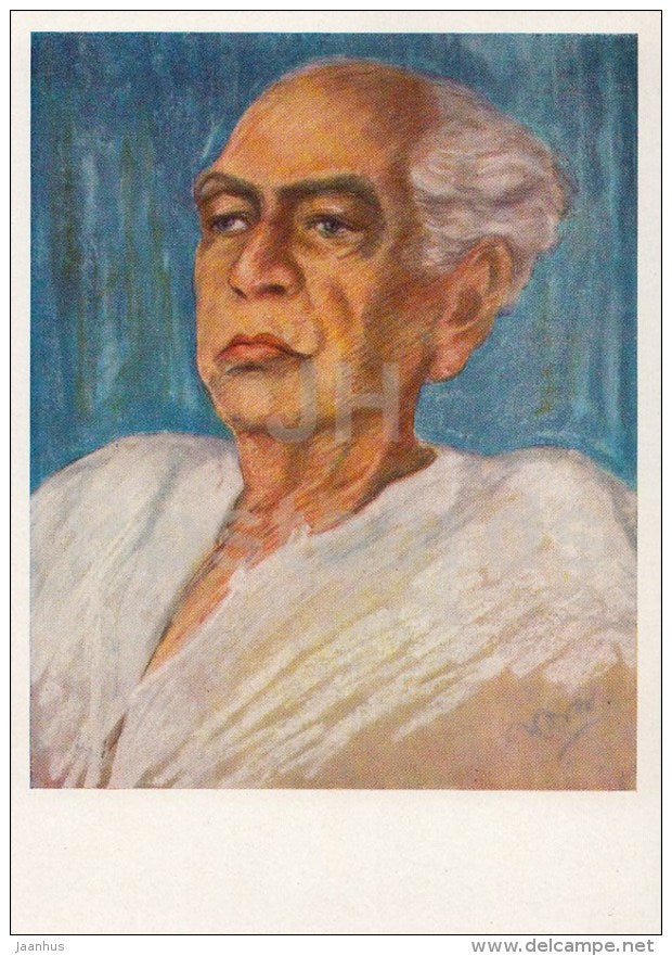 painting by Nagen Bhattacharjee - 1 - Portrait of Abanindranath Tagore - contemporary art - art of india - unused - JH Postcards