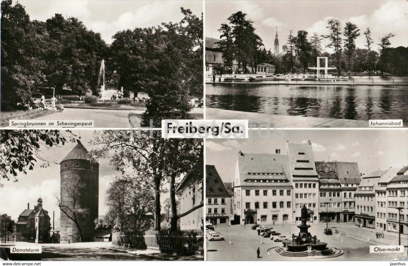 Freiberg - Sa - Springbrunnen - Donatsturm - Johannisbad - Obermarkt - 1966 - Germany - used - JH Postcards