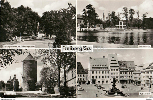 Freiberg - Sa - Springbrunnen - Donatsturm - Johannisbad - Obermarkt - 1966 - Germany - used - JH Postcards