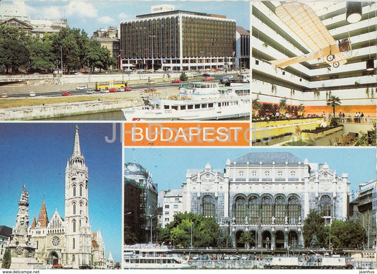 Budapest - cathedral - passenger boat - bus Ikarus - multiview - 1985 - Hungary - used - JH Postcards