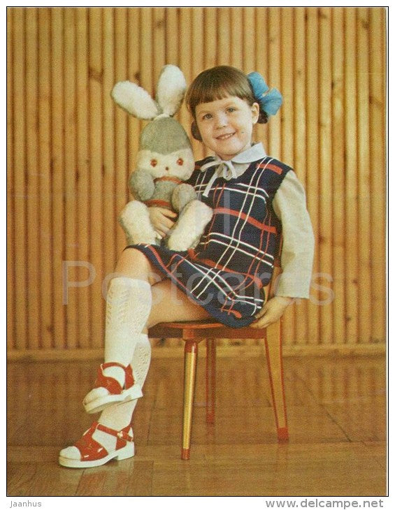 Sarafan - girl - hare - knitting - children's fashion - large format card - 1985 - Russia USSR - unused - JH Postcards