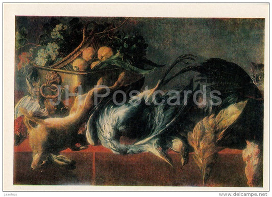 painting by Unknown Artist - Still Life - birds - hare - Flemish art - Russia USSR - 1984 - unused - JH Postcards