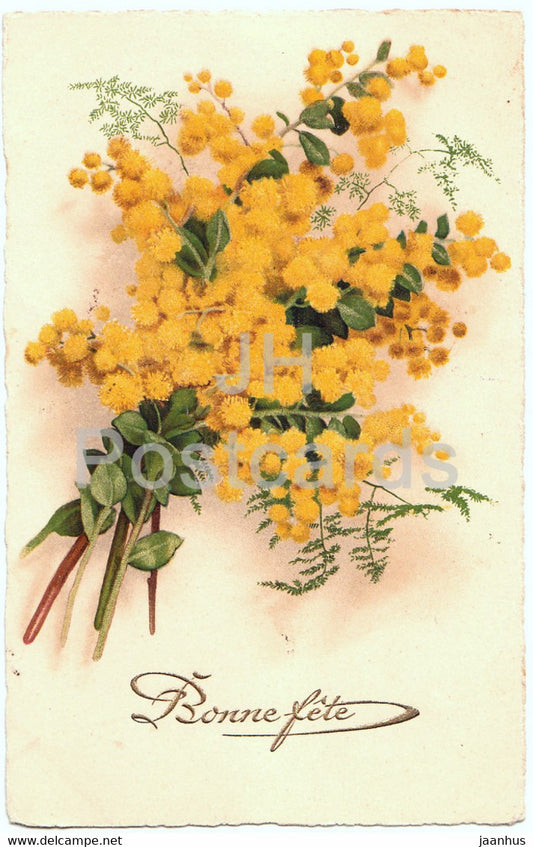 Birthday Greeting Card - Bonne Fete - yellow flowers - PP 587 - illustration - old postcard - France - used - JH Postcards