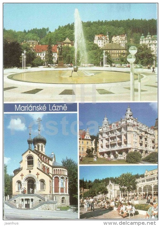 Marianske Lazne - Cheb district - spa - fountain - orthodox church - Czechoslovakia - Czech - used 1993 - JH Postcards