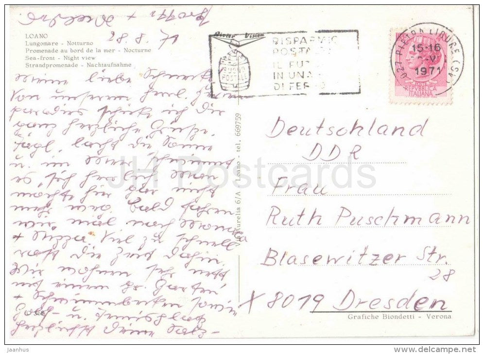 Lungomare , Notturno - Loano - Savona - Liguria - Italia - Italy - sent from Italy to Germany 1971 - JH Postcards