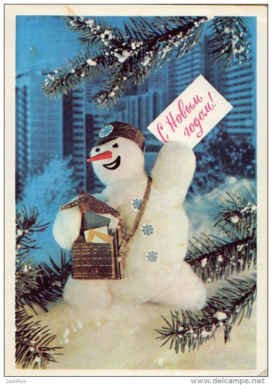 New Year greeting card by I. Dergilyev - snowman - mail - postal stationery - 1976 - Russia USSR - used - JH Postcards
