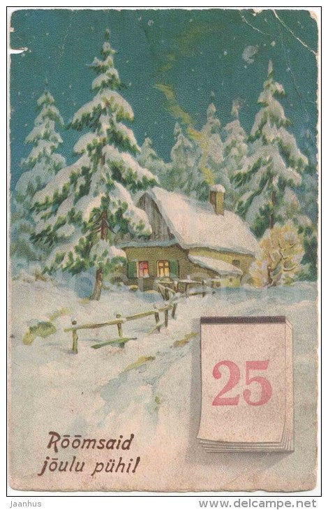 christmas greeting card - winter view- house - EAS 1057 - circulated in Estonia 1930 Põltsamaa - JH Postcards
