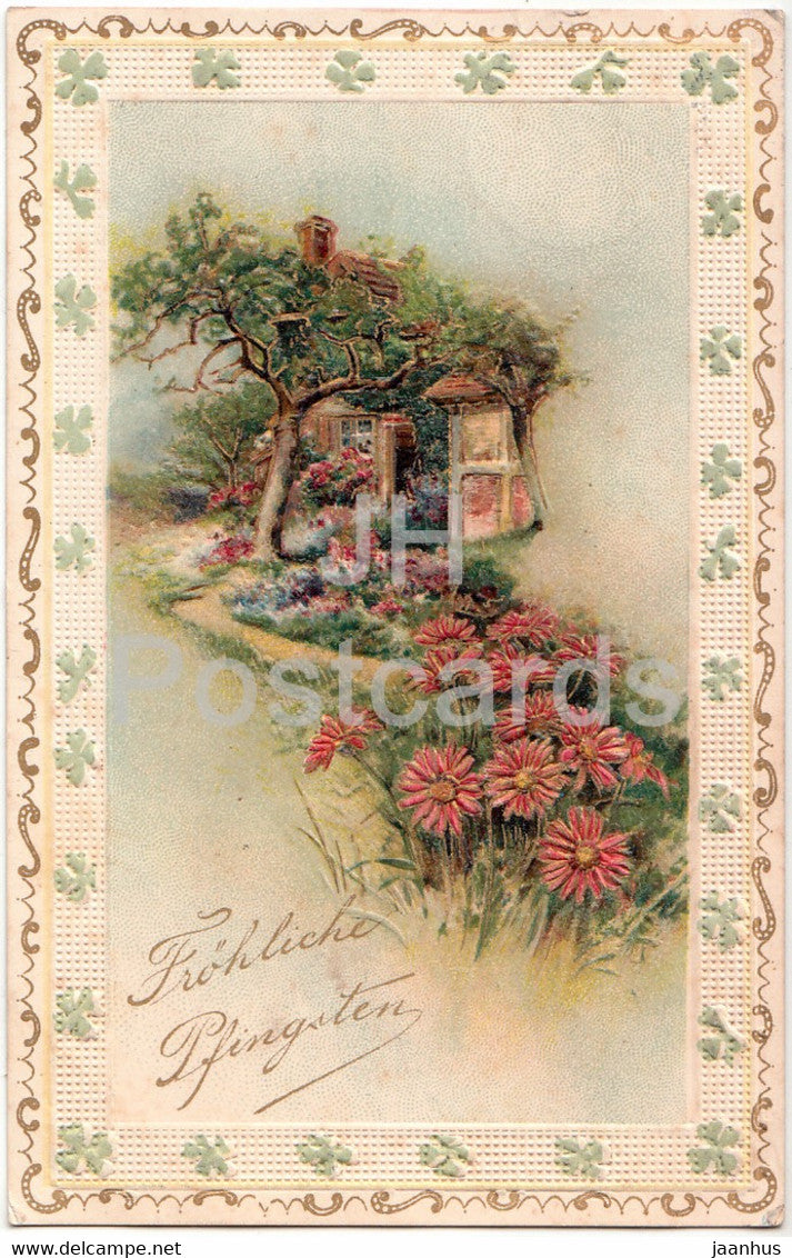 Pentecost Greeting Card - Frohliche Pfingsten - flowers - house - old postcard - Germany - used - JH Postcards