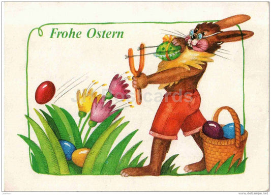 Easter Greeting Card - Ostern - illustration - hare - rabbit - eggs - flowers - basket - Fairy Tale - Germany - used - JH Postcards