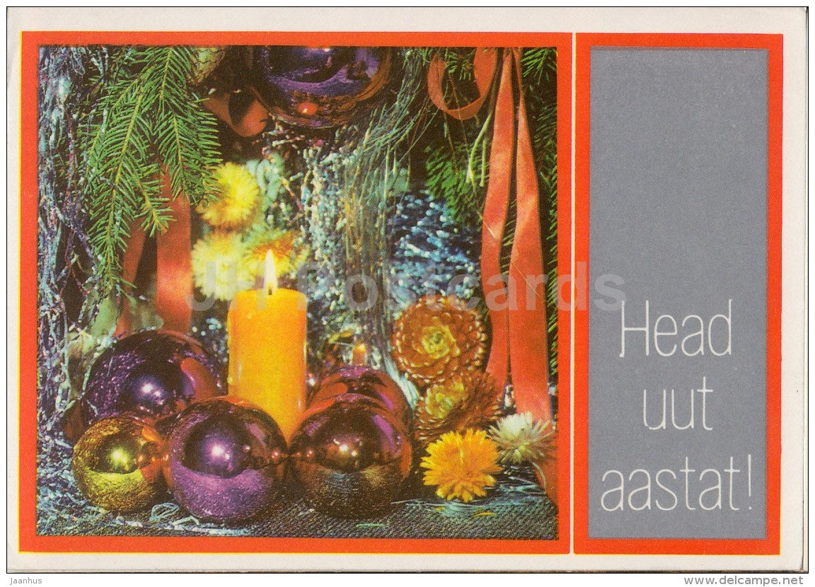 New Year Greeting card - 2 - candle - decorations - flowers - 1976 - Estonia USSR - used - JH Postcards