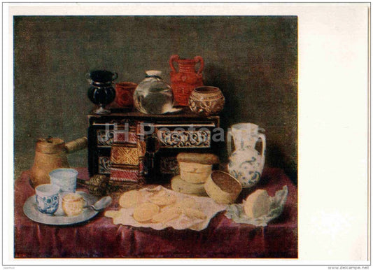 painting by Antonio Pereda y Salgado - Still Life - dishes - boxes - Portugese art - 1959 - Russia USSR - unused - JH Postcards