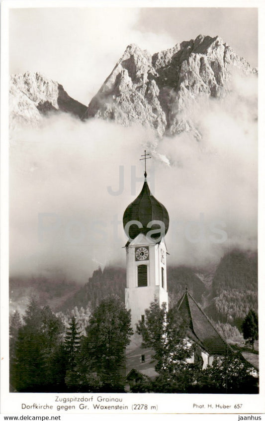 Zugspitzdorf Grainau - Dorfkirche gegen Gr. Waxenstein - church - old postcard - Germany - unused - JH Postcards