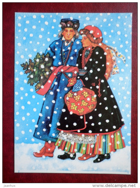 New Year Greeting card - illustration by Viive Noor - folk costumes - 1989 - Estonia USSR - used - JH Postcards