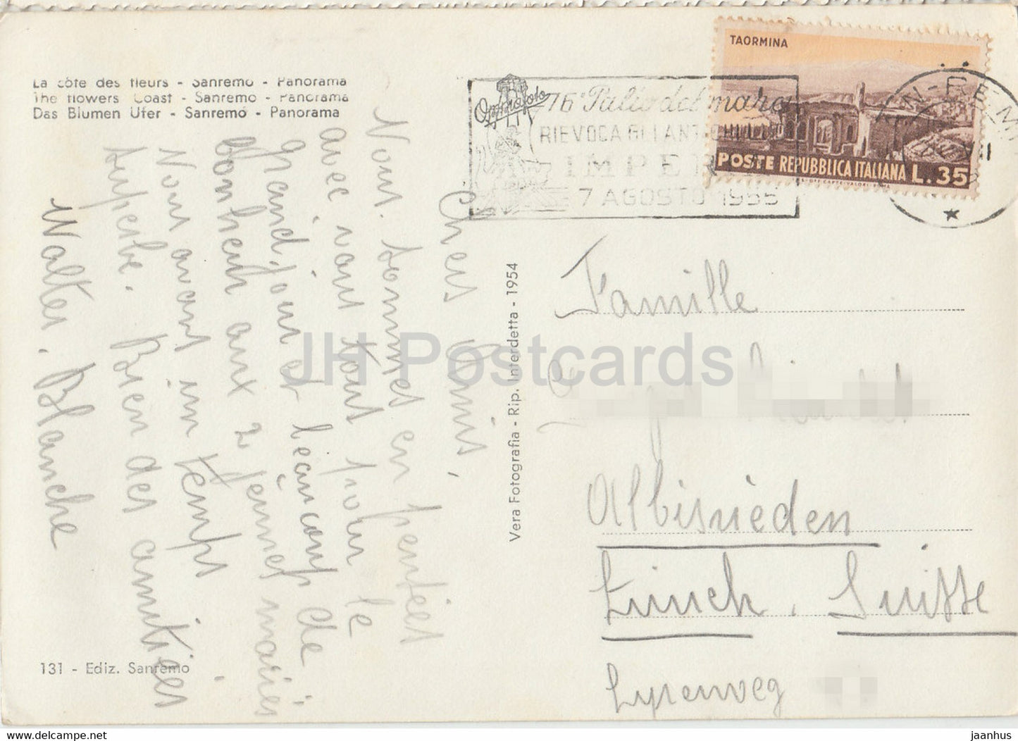 Riviera dei Fiori - Sanremo - Panorama - Zug - Eisenbahn - Die Blumenküste - alte Postkarte - 1955 - Italien - gebraucht