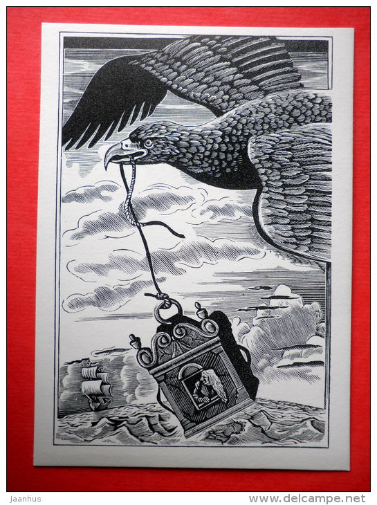 illustration by S. Harlamov - Eagle and Guliver - ship - Gulliver's Travels by D. Swift - 1978 - Russia USSR - unused - JH Postcards