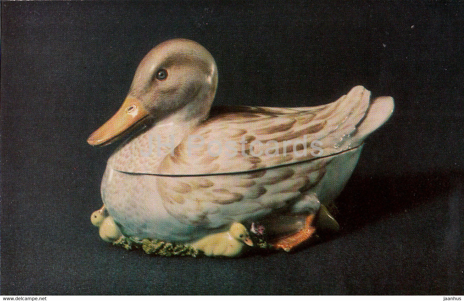 Butter dish shaped as a duck - porcelain - Vinogradov Porcelains - 1974 - Russia USSR - unused - JH Postcards