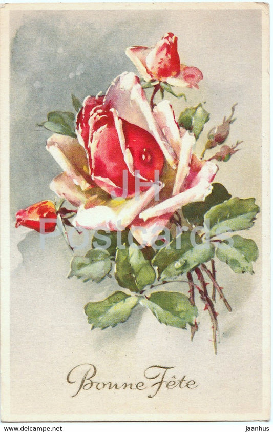 Birthday Greeting Card - Bonne Fete - flowers - roses - illustration - old postcard - 1957 - France - used - JH Postcards