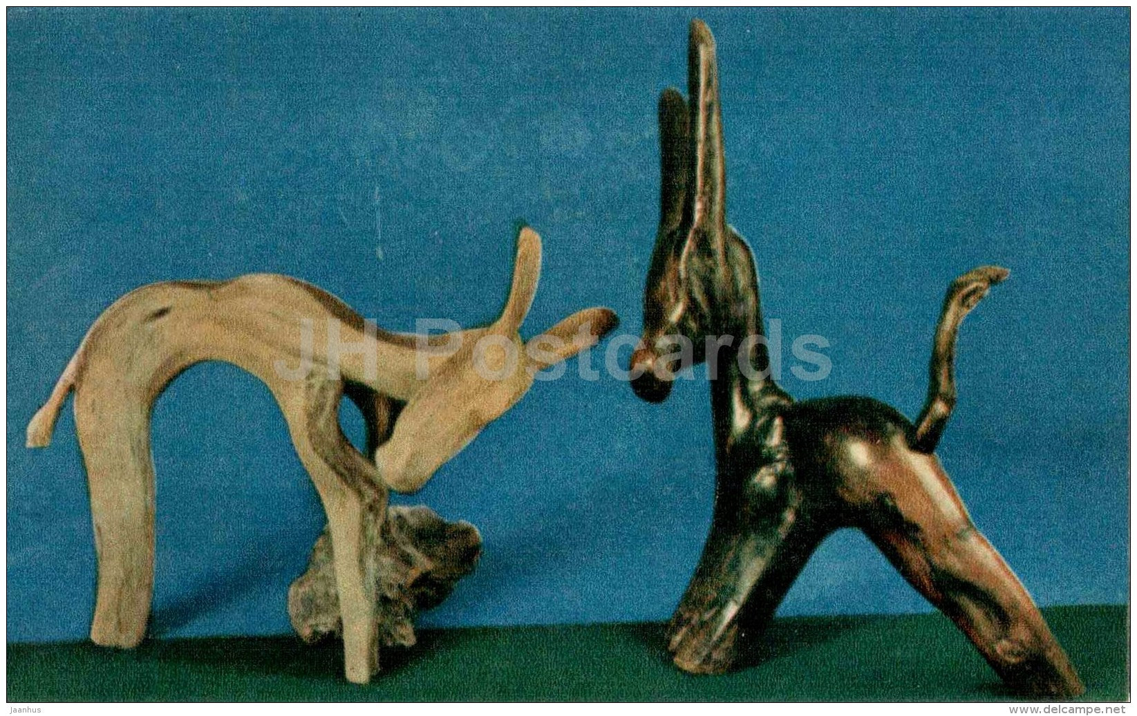 black and white donkeys - Nature and Fantasy - wooden figures - 1969 - Russia USSR - unused - JH Postcards
