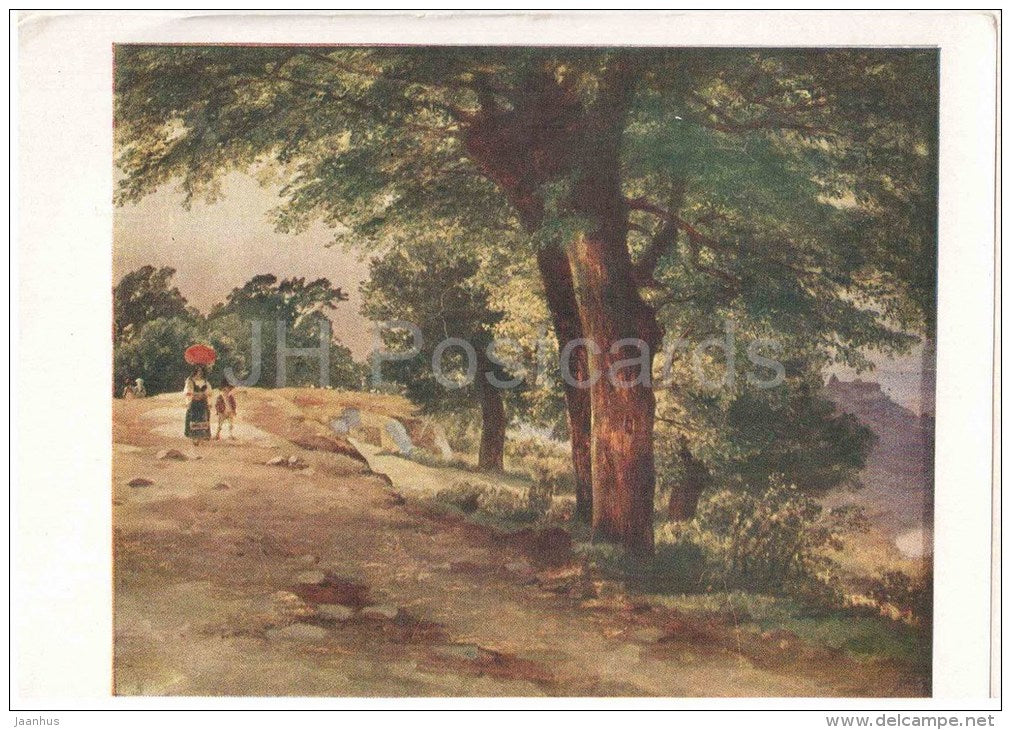 painting by M. Lebedev - 1 - The park Gigi , 1837 - woman and boy - russian art - unused - JH Postcards
