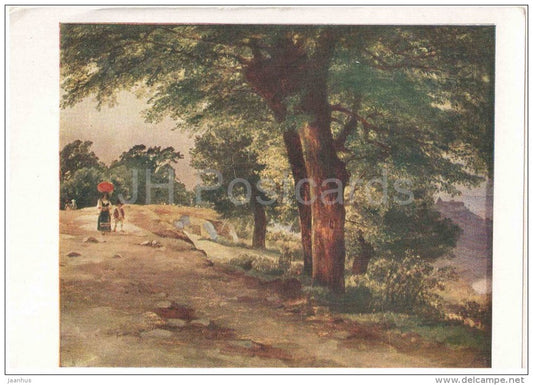 painting by M. Lebedev - 1 - The park Gigi , 1837 - woman and boy - russian art - unused - JH Postcards