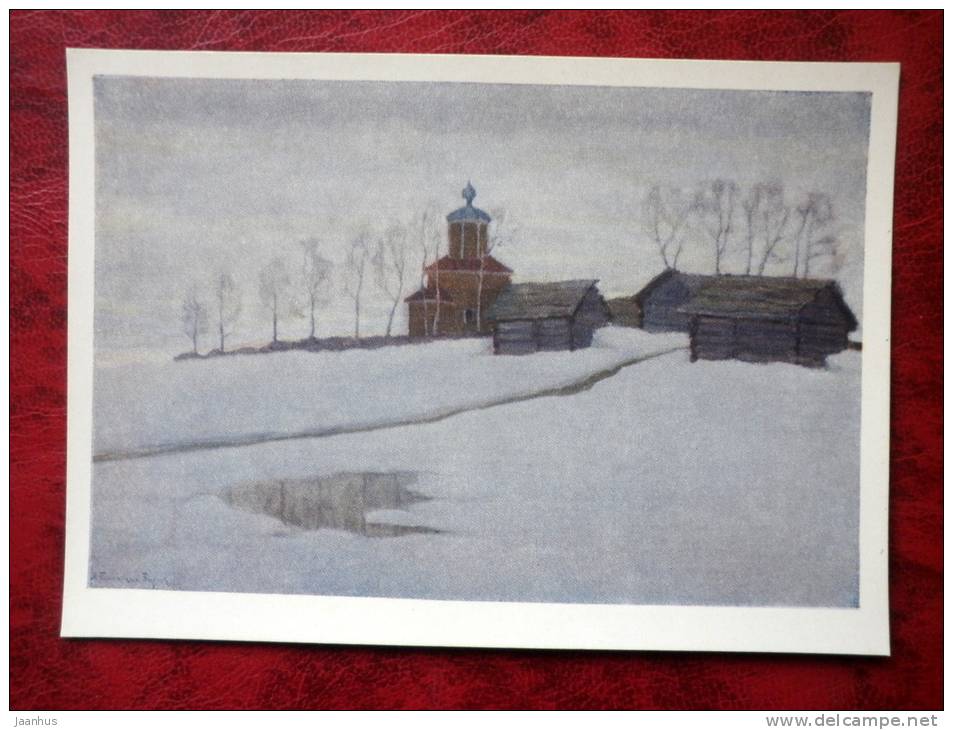Painting by W. K. Bialynicki-Birula - in late winter - curch - russian art - unused - JH Postcards