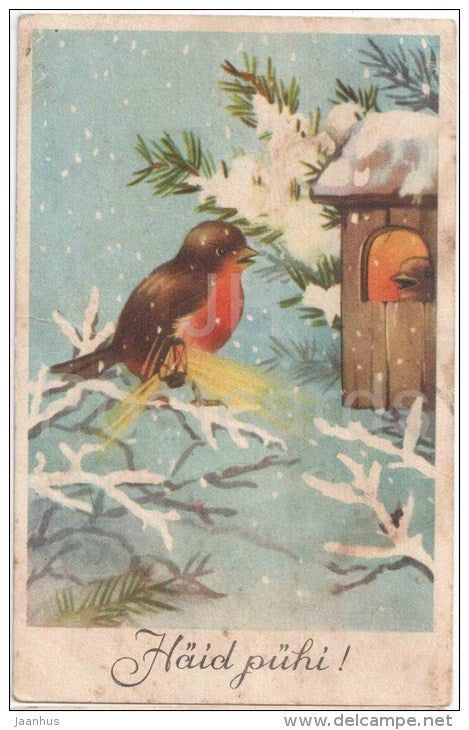 christmas greeting card - bullfinch - birds - HM - circulated in Estonia 1930s - JH Postcards
