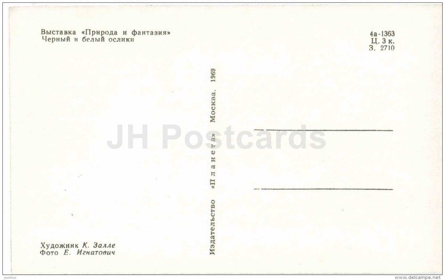 black and white donkeys - Nature and Fantasy - wooden figures - 1969 - Russia USSR - unused - JH Postcards