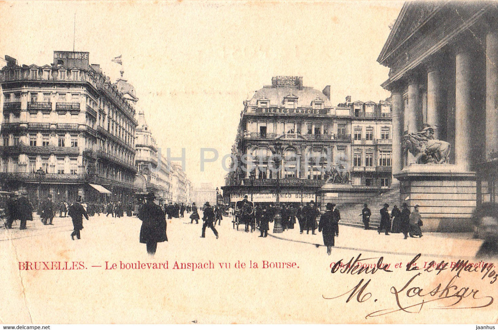 Bruxelles - Brussels - Le Boulevard Anspach vu de la Bourse - A La Ville D'Alger - old postcard - 1903 - Belgium - used - JH Postcards
