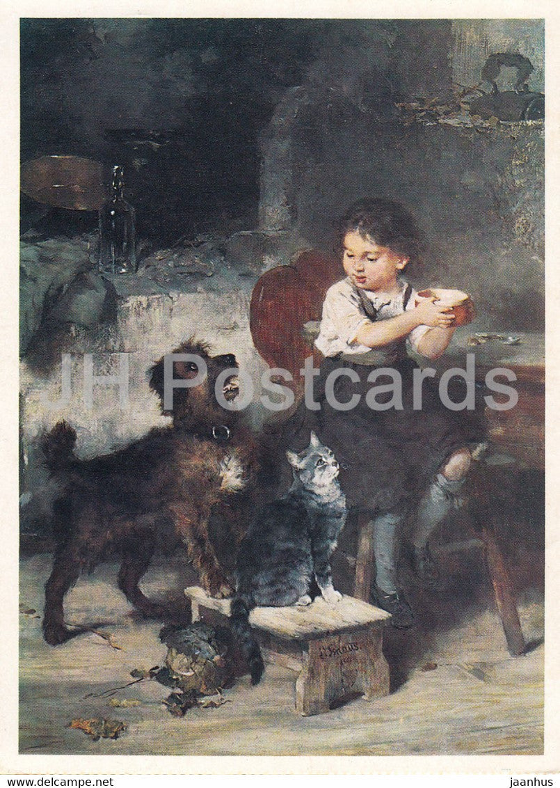 painting by Ludwig Knaus - Kind mit Hund und Katze - cat - child - dog - German art - Germany - unused - JH Postcards